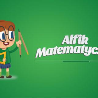 Dziewczynka z cyrklem i ekierką w dłoniach. Napis Alfik Matematyczny na zielonym tle.