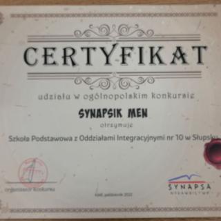 Certyfikat udziału naszej szkoły w ogólnopolskim konkursie Synapsik MEN.