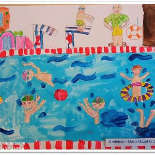 Narysowany obrazek z dziećmi na basenie.