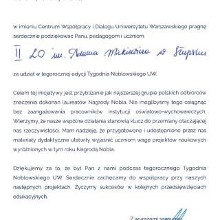 Dyplom - Podziękowania z Uniwersytetu Warszawskiego.