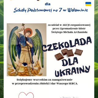 Podziękowanie z Aniołem i napis Czekolada dla Ukrainy.