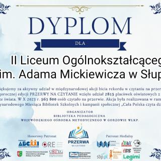 Dyplom za udział w akcji "Przerwa na czytanie"