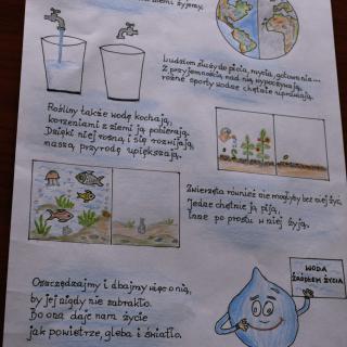 Plakat konkursowy o wodzie i jej znaczeniu.