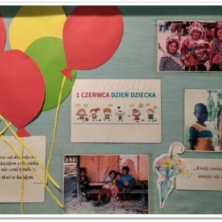 Gazetka z okazji Dnia Dziecka, na niej napi 1 czerwca Dzień Dziecka, kolorowe balony i zdjęcia dzieci.