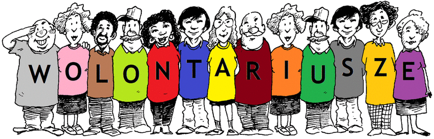 Rysunek dzieci w kolorowych bluzeczkach z napisem wolontariusze
