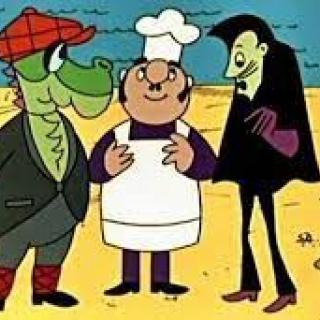 Baltazar Gąbka, kucharz i Don Pedro stoją na plaży