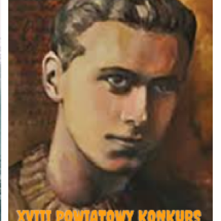 Portret K. K. Baczyńskiego, na dole żółty napis XVIII Powiatowy Konkurs Recytatorski Poezji K. K. Baczyńskiego 