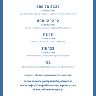 Plakat z numerami telefonów i infolinii świadczących wsparcie dzieciom i dorosłym.