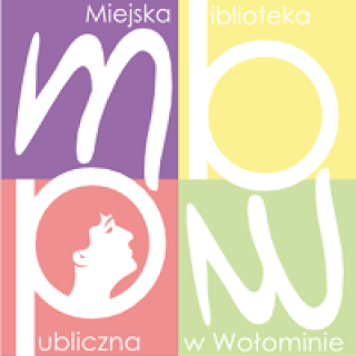 Logo w kolorach: fioletowym, żółtym, czerwonym i zielonym Miejskiej Biblioteki Publicznej w Wołominie.