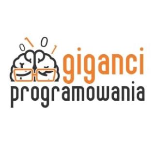 Logo konkursu Gigathon, mózg w pomarańczowych okularach i napis "giganci programowania". Na mózgiem unoszą się cyferki : zera i jedynki