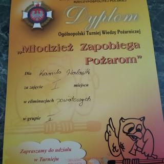 Kolejny sukces  - I miejsce Kamili Walasik w eliminacjach powiatowych Ogólnopolskiego Turnieju Wiedzy Pożarniczej: "Młodzież zapobiega pożarom"