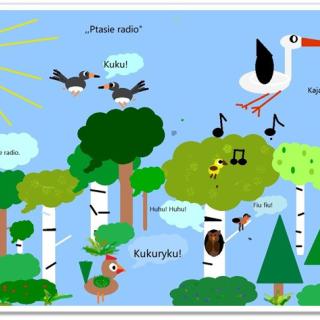 ilustracja przedstawiająca różne ptaki latające wokół drzew