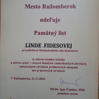 Linda Fidesová ocenená na radnici
