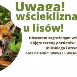 UWAGA! Zagrożenie wścieklizną na terenie dzielnic: Wilanów i Wawer   Miasta Stołecznego Warszawy.