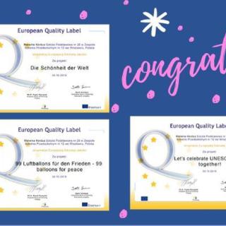 3 Europejskie Odznaki Jakości eTwinning dla naszych projektów