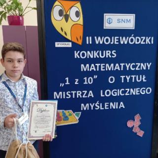 Bartłomiej Zieliński  Finalistą II  Wojewódzkiego Konkursu Matematycznego 1 z 10 o tytuł „Mistrza Logicznego Myślenia”