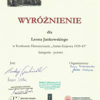 Wyróżnienie w Warszawskim Konkursie Historycznym ,Armia Krajowa 1939-1945”