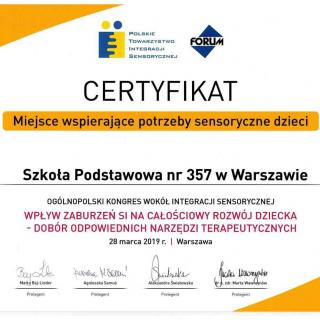 Certyfikat za udział w programie Ogólnopolskiego Kongresu Wokół Integracji Sensorycznej