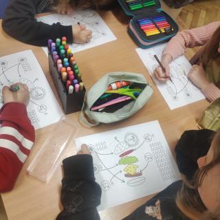 Uczniowie siedzą przy stolikach i kolorują.