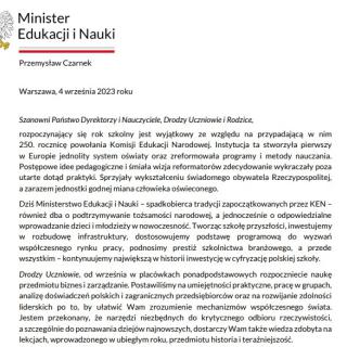 List od ministra Przemysława Czarnka z okazji rozpoczęcia nowego roku szkolnego 2023/2024