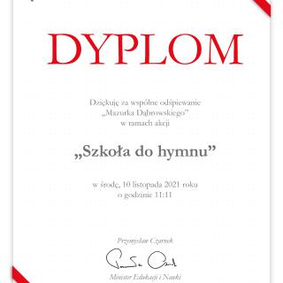 Dyplom za udział w akcji "Szkoła do hymnu"