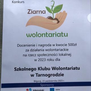 Nagroda dla SKW w Powiatowym Konkursie "Ziarna Wolontariatu". Stypendia dla 7 uczniów z naszej szkoły.