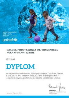 Dyplom za zorganizowanie Międzynarodowego Dnia Praw Dziecka z Unicef
