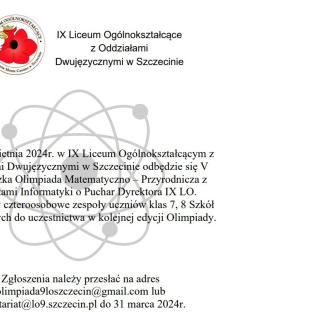 V Wojewódzka Olimpiada Matematyczno – Przyrodnicza z Elementami Informatyki o Puchar Dyrektora IX LO