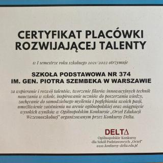 Certyfikat Placówki Rozwijającej Talenty!