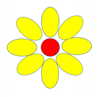 Kwiatek  z czerwonym oczkiem i 8 żółtymi płatkami.