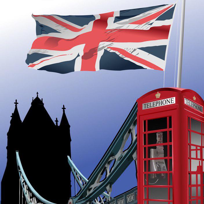 silueta Londynu czerwona budka telefoniczna flaga wielkiej brytani ilustracja