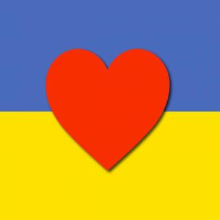 czerwone serce na tle flagi Ukrainy w kolorze niebieskim i żółtym