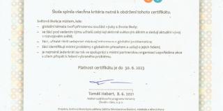 Certifikát pro Základní školu v Lipenci - Světová škola