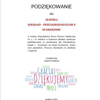Podziękowania od Domu Pomocy Społecznej im. Helclów w Krakowie za laurki i listy otrzymane od ZSP8