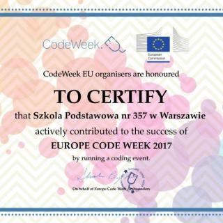Certyfikat dla naszej szkoły za udział w Europejskim Tygodniu Kodowania