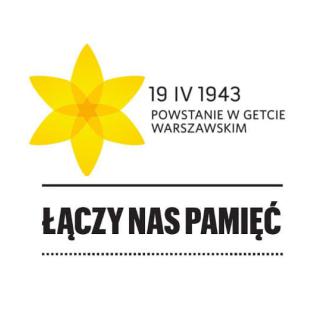 Na obrazie znajduje się grafika z żółtą sześcioramienną gwiazdą na górze, pod nią data 19 IV 1943 i napis POWSTANIE W GETCIE WARSZAWSKIM w dwóch liniach.