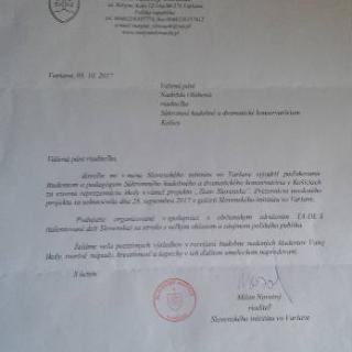 Ďakovný list zo Slovenského inštitútu vo Varšave