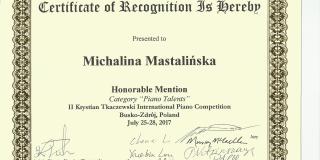 Sukces uczennicy klasy 5 a na II Krystian Tkaczewski International Piano Competition - Busko-Zdrój 2017