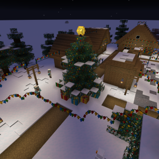 Świąteczna wioska zbudowana w grze Minecraft.