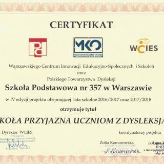 Certyfikat dla naszej szkoły za projekt „Szkoła Przyjazna Uczniom z Dysleksją” 