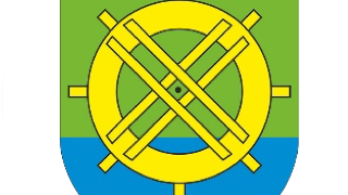 Logo Gminy Bogdaniec żółte koło sterownika na zielono niebieskim tle 