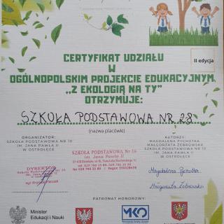 Certyfikat ogólnopolskiego projektu edukacyjnego "Z ekologią na Ty"
