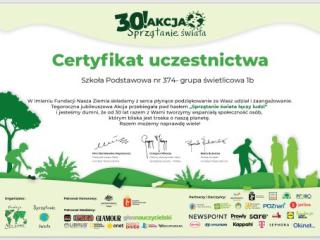 Certyfikaty dla grup świetlicowych za udział w 30.Akcji Sprzatania Świata  z Fundacją Nasza Ziemia 