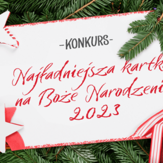 Kartka z zielonymi gałązkami i gwiazdkami oraz z napisem konkurs Najładniejsza kartka na Boże Narodzenie 2023
