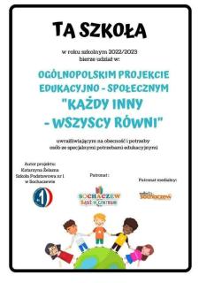 Ogólnopolski Projekt Edukacyjno-Społeczny „Każdy Inny – Wszyscy Równi”- II edycja