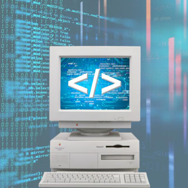 komputer lat 90tych tło niebieskie symbole informatyki