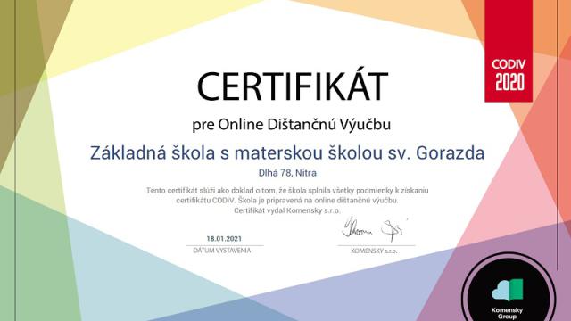 Certifikát - škola pripravená na online dištančnú výučbu