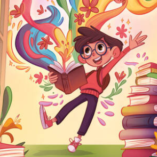 Kolorowy obrazek z chłopcem i książkami.