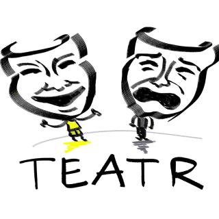 Dwie maski teatralne tragiczna i komiczna w czarnym kolorze na białym tle oraz napis teatr