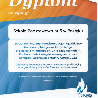 Dyplom dla SP3 w Pasłęku za zaangazowanie w kampanię ZTU 2022